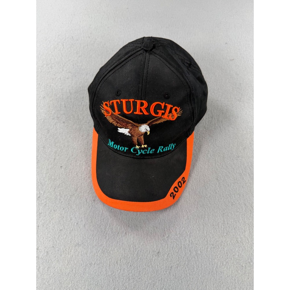 Vintage 2002 Sturgis Motor Cycle Rally Hat Rickey Sports Black Orange Eagle Cap